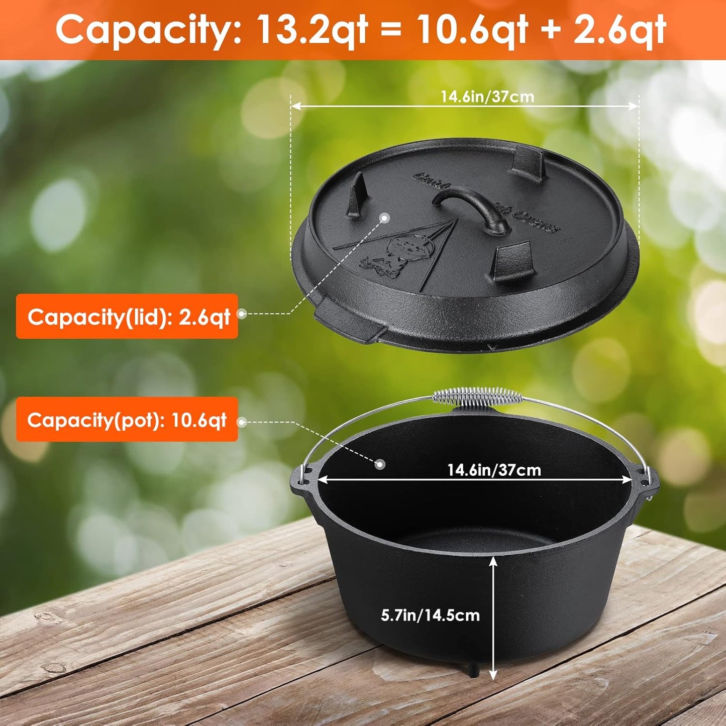 LIFERUN Dutch Oven Pot with Lid, 13.2 Quart Cast Iron Dutch oven, with Lid Lifter Handle & Stand and Dual Function Griddle for Home Cooking BBQ Baking, black