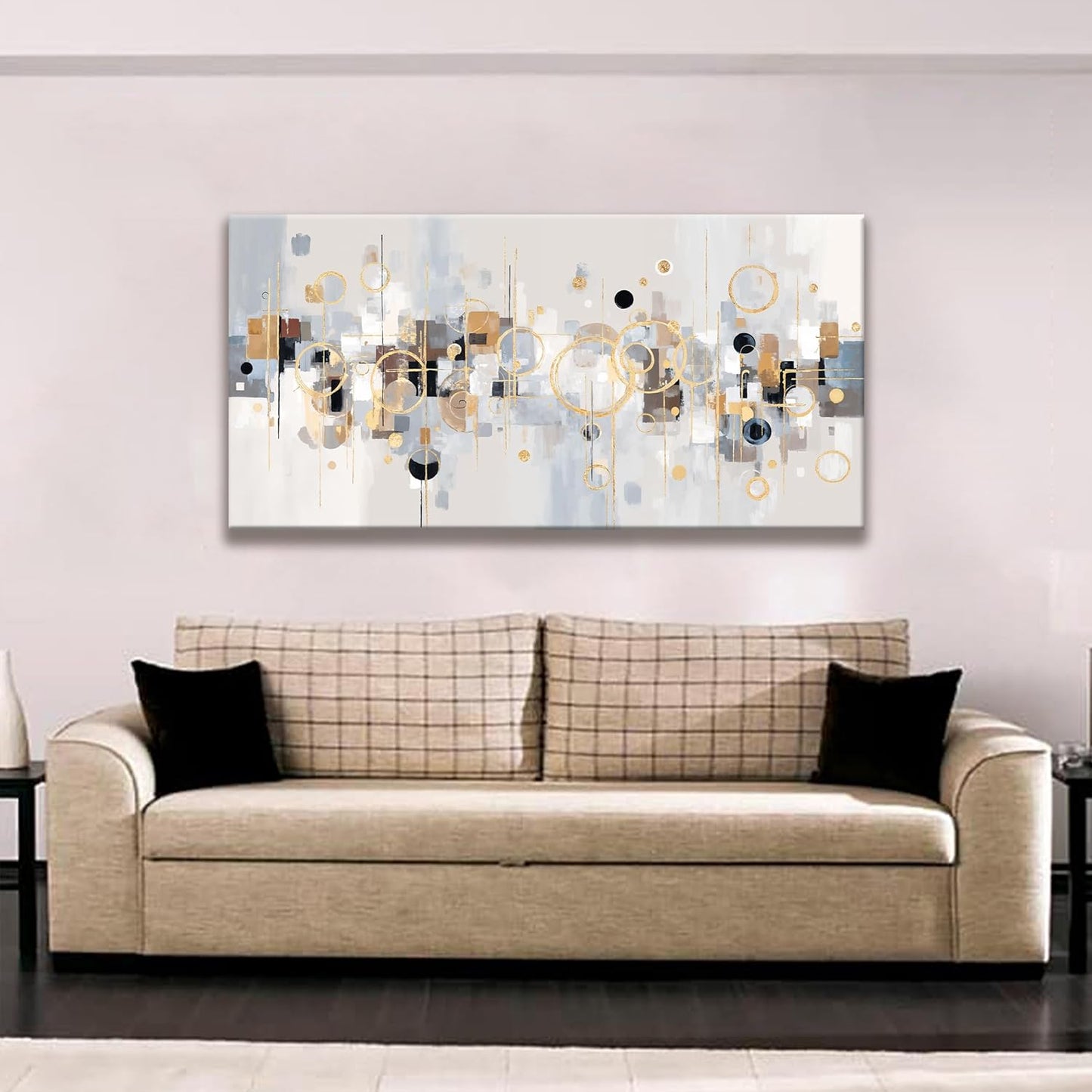 Abstract Gold Circles Grey Wall Art Decor Modern Minimalist Circles Artwork Canvas Wall Art For Bedroom Living Room Kitchen Office Home Wall Decor Ready To Hang 24x48 Inch