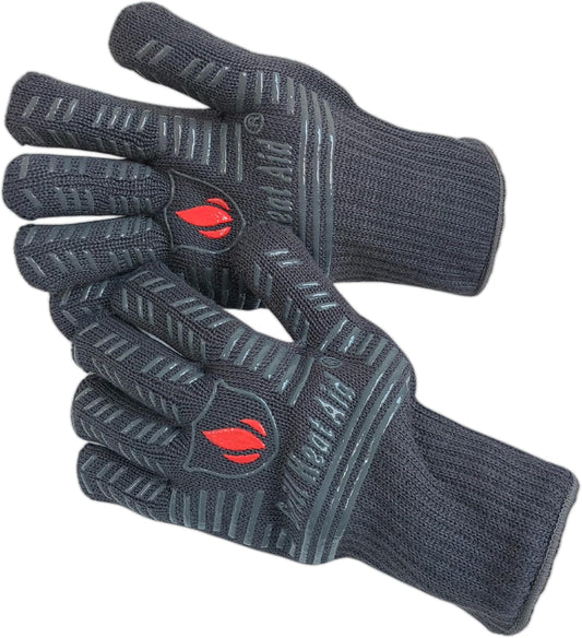 GRILL HEAT AID BBQ Grill Gloves 1472°F - Extreme Heat Resistant Oven Mitts for Grilling, Smoker & Fire Pit with Silicone Grip & EN407 Cut Resistance - Mid Cuff (Large Palm), Black