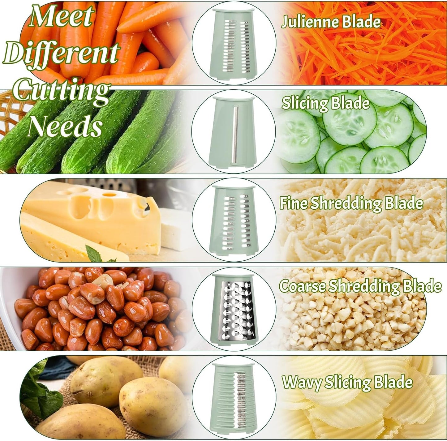 Rotary Cheese Grater with Handle, Manual Vegetable Slicer Grater with 5 Detachable Stainless Steel Blades, Round Grater Slicer Hand Crank Food Chopper for Kitchen with Blade Storage Box