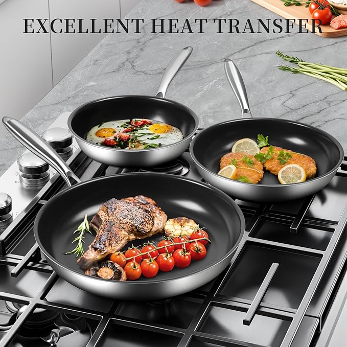 Stainless Steel Frying Pan Set with Lids, 6 Pieces Titanium Ceramic Frying Pans Nonstick W/Lid, Non Stick Egg Omelet Cooking Pan Set with Stay-Cool Handle, Induction Compatible, PFAS&PFTE Free