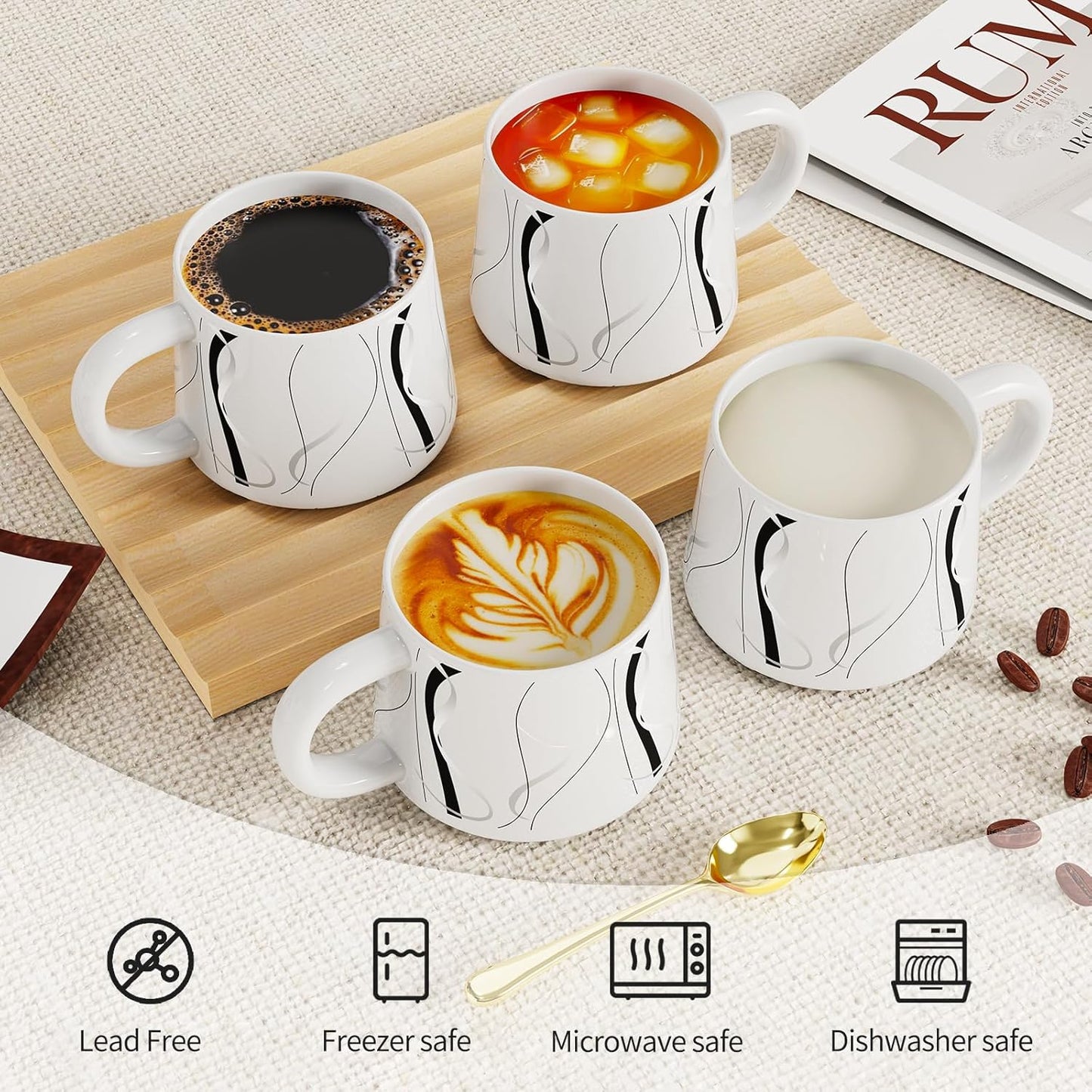 12 oz Coffee Mugs Set of 4, Modern Stackable Coffee Cups Set for Latte, Hot Tea, Cappuccino, Ceramic Coffee Mug Tea Cup, Dishwasher & Microwave Safe, Housewarming Wedding Present (White)