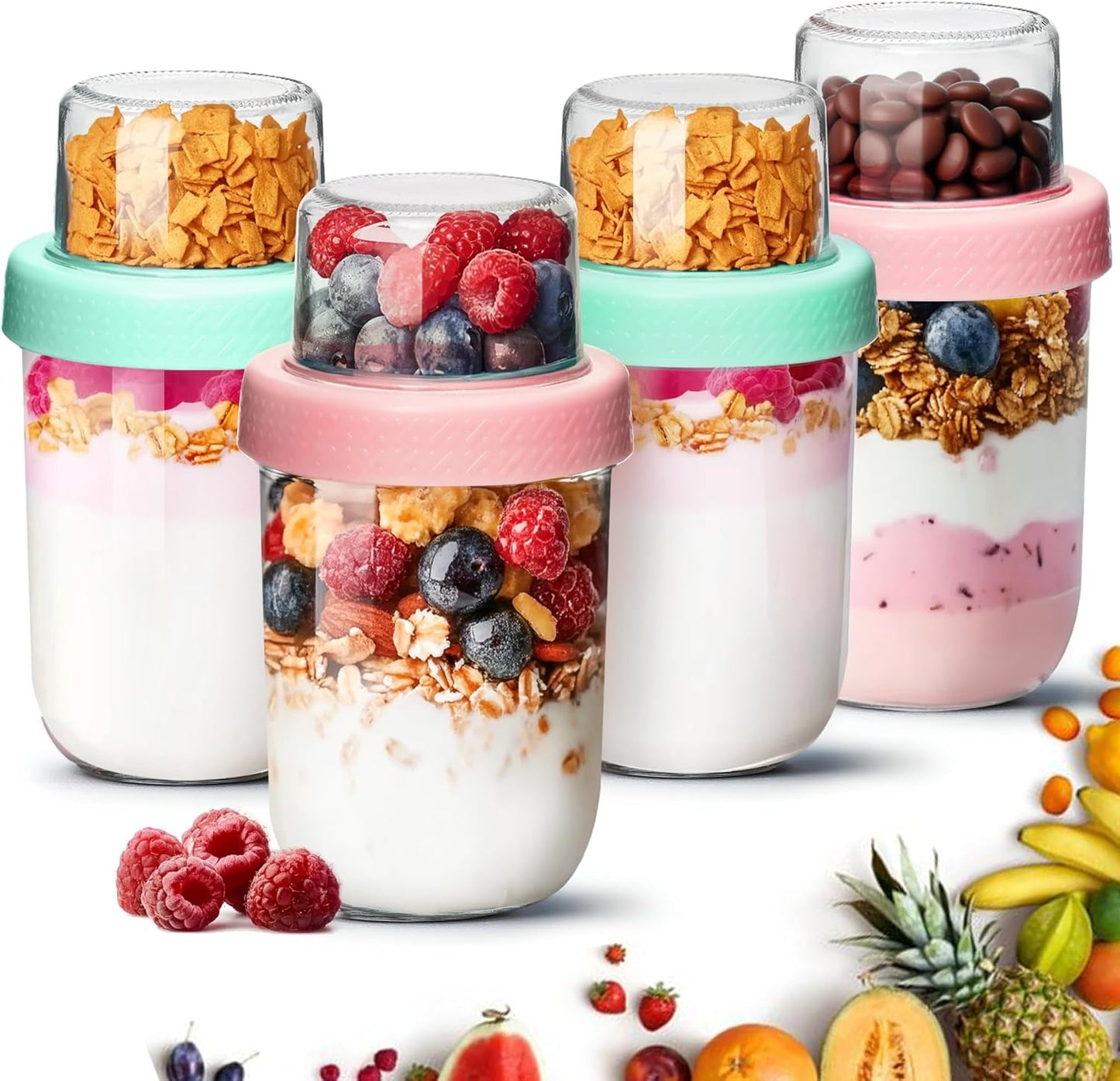 ComSaf 4-Pack 16 oz Overnight Oats Containers with Lids, Dual-Laryer Chia Pudding Jars with Dry and Wet Separation, Yogurt Parfait Cups for Oatmeal Cereal Nut Fruit, Meal Prep Glass Jars for Salad