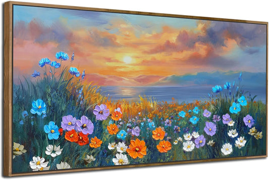 Ardemy Wildflower Wall Art for Living Room Large Framed Floral Canvas Pictures Bedroom Wall Decor Sunset Paintings Flower Textured Artwork for Walls Dining Room Home Office 40"x20"