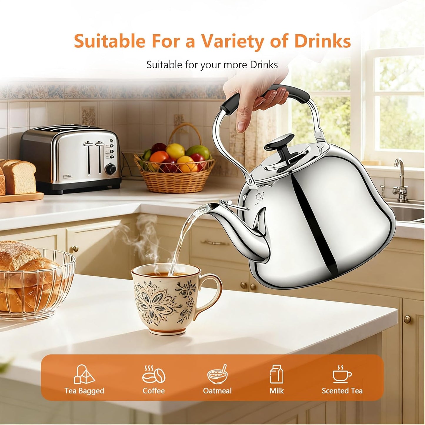 2L Whistling Stovetop Tea Kettle - Food Grade Stainless Steel Teapot with Fast Boil, Wide Mouth, Anti-Scalding Handle, Ideal for Stove Top – Perfect for Tea, Coffee & Hot Water