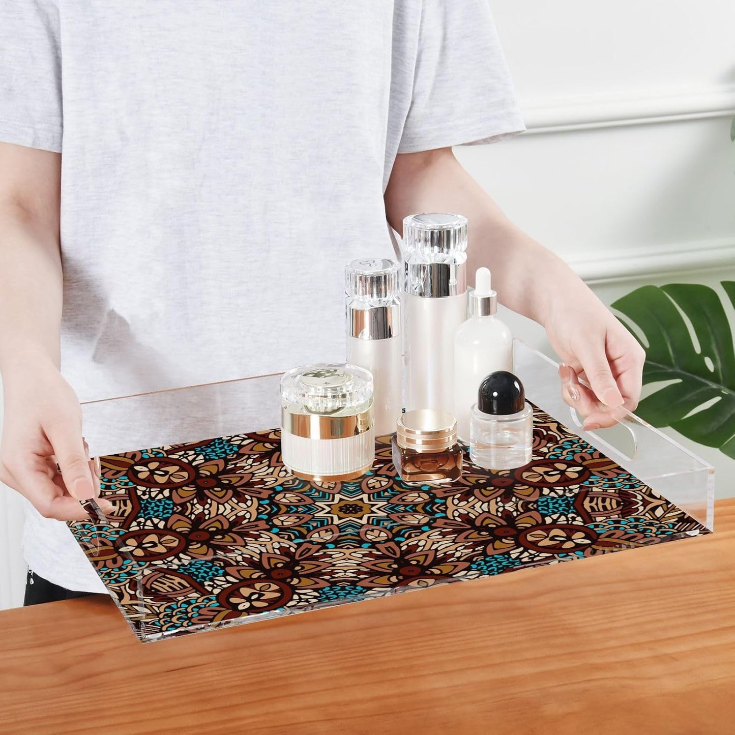 Acrylic Serving Tray with Handles Spill Proof Kitchen Storage Tray Clear Decorative Tray Makeup Drawer Organizer Storage Tray for Bathroom Living Room Ottoman 15.7x11.8Inches