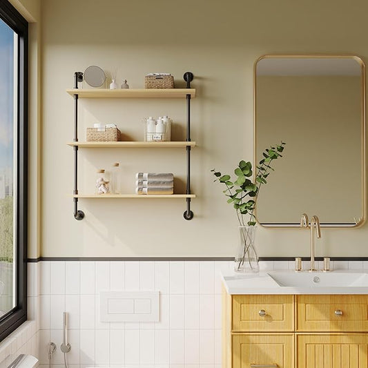 3-Tier Industrial Pipe Floating Shelf – Rustic 36 inch Wood Wall-Mounted Storage Shelf for Kitchen Office,Bathroom & Home Decor -White Oak