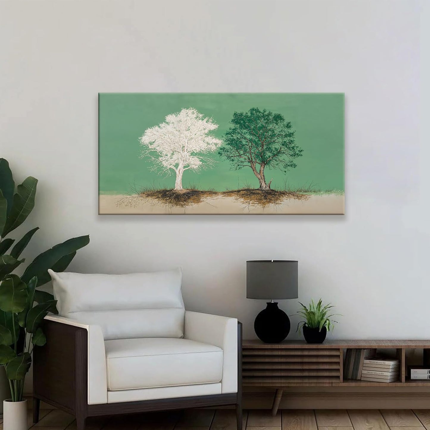 Abstract Wall Art Decoration Modern Home Wall Decor Pure White And Green Canvas Art Wall Decor Tree Of Life Wall Art For Living Room Bedroom Kitchen Bathroom Office 24x48 Inch