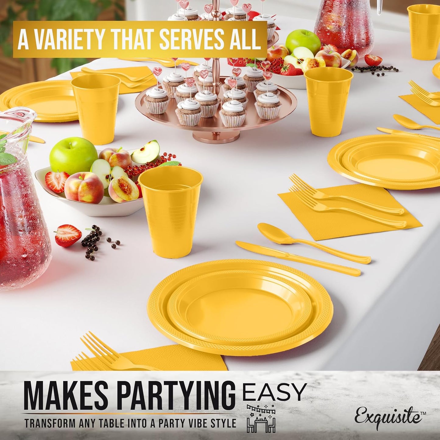 Party Solids 350 Pieces Yellow Plastic Plates For Party, Yellow Disposable Plates Set, 50 Of Each 9" Dinner Plate Set, 7" Dessert Plate, Cups, Napkins & Cutlery Plastic Dinnerware