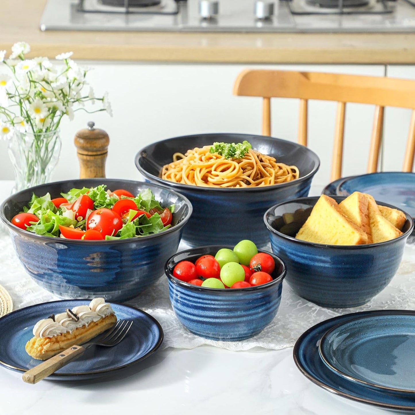 Hasense Mixing Bowls Set, Porcelain Large Salad Bowls for Cooking, Baking, Prepping, Serving, Blue Nesting Dishes for Housewarming Gift, Microwave Dishwasher Safe, 2.8/2.1/1.0/0.5 Qt