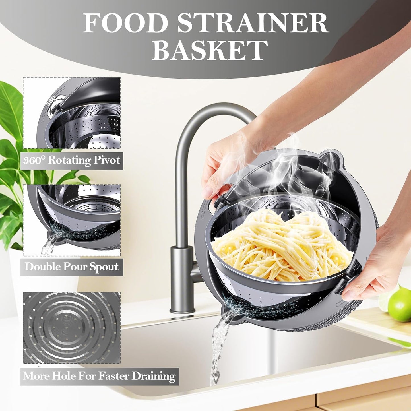 4-in-1 Colander with Bowl Set – Food Strainers and Colanders - Stainless Steel Rotatable Strainer for Fruits & Veggies – Pasta Strainer - Kitchen Essentials - Grey