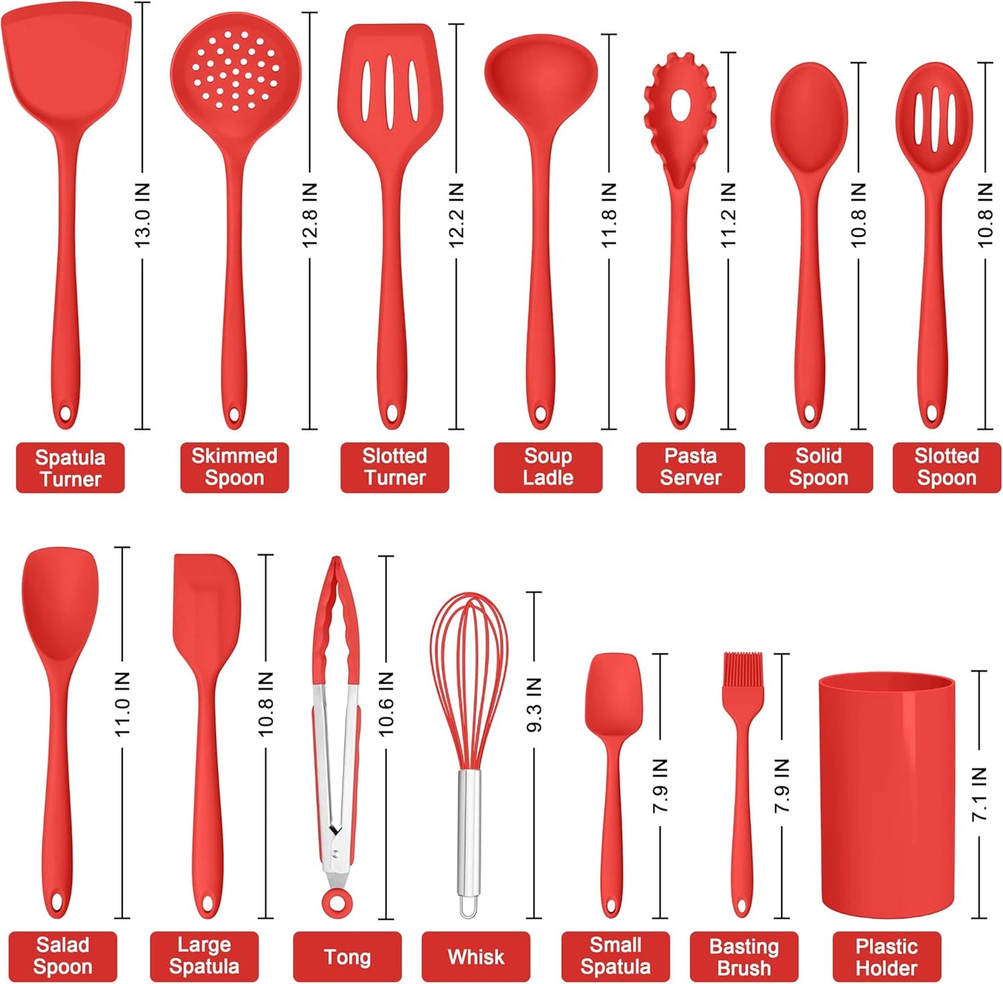 HaWare Kitchen Utensils, 14 PCS Silicone Cooking Utensils Set, Heat Resistant Kitchen Utensils for Non-stick Cookware, Kitchen Gadgets Tools with Spoons, Spatulas, Whisk, Dishwasher Safe (Red)
