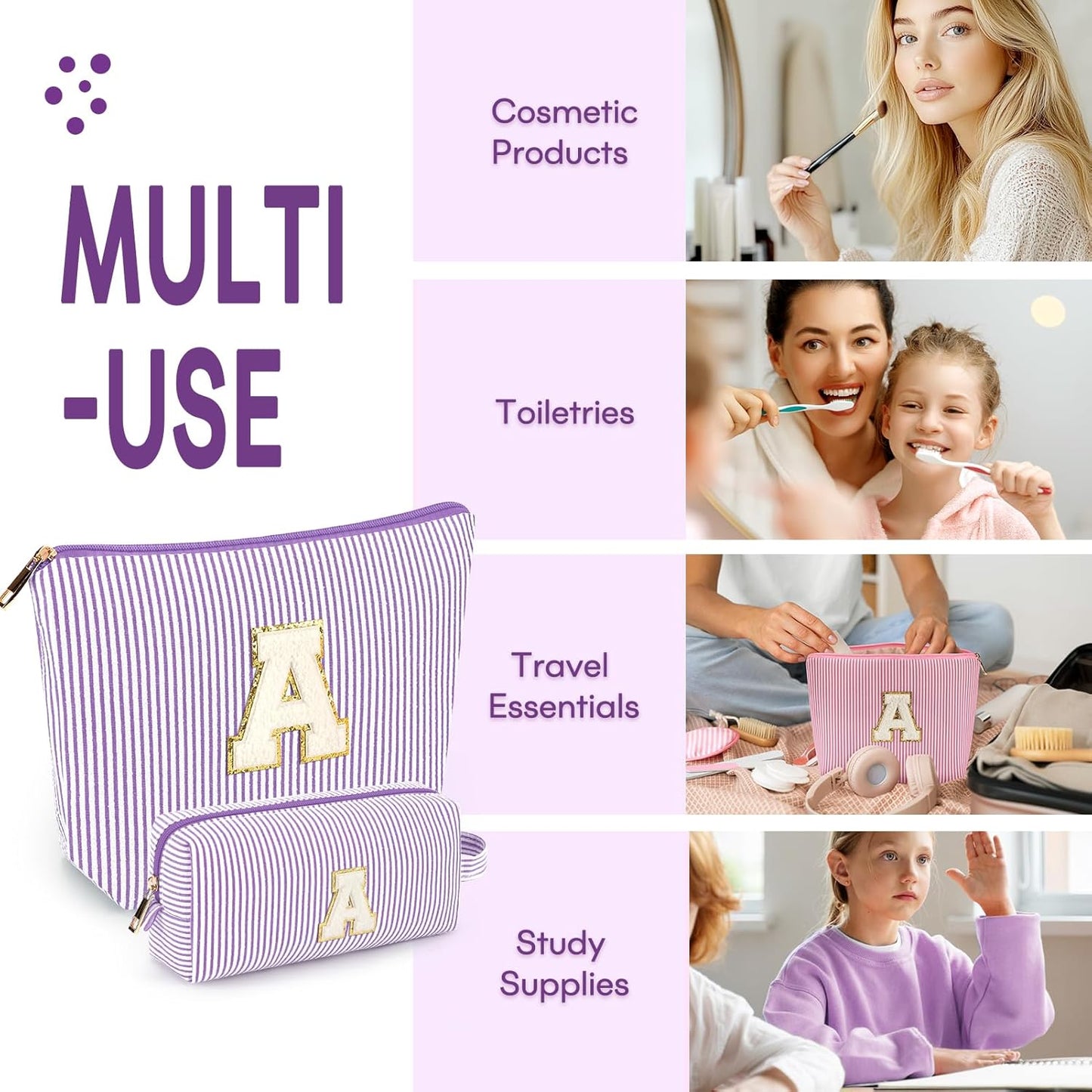 2 PCS Initial Makeup Bags for Women: Cosmetic Bag for Travel Toiletry - Birthday Gifts for 11 12 13 14 15 16 17 18 Years Old Girl Graduation Teacher Gift- Teen Girl Gifts Trendy Stuff - Purple G