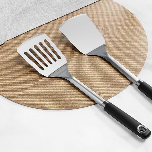 Stainless Steel Spatula Set, 2 Piece Heavy Duty Turner/Metal Spatula, High Heat Resistant Kitchen Cooking Utensils, Ideal Cookware for Frying Steak, Fish, Eggs or Pancakes