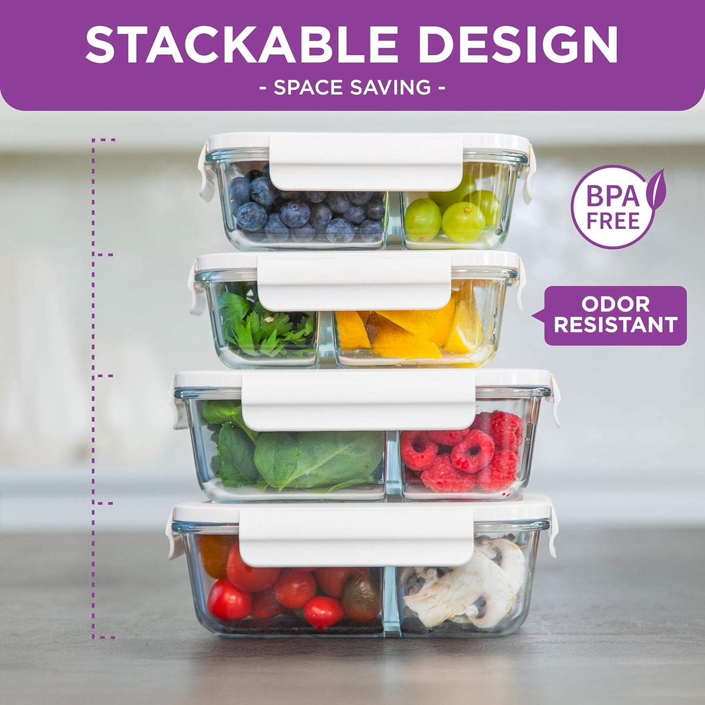 HOLDN’ STORAGE Vacuum Food Storage Containers, Set of 4 Compartment Containers & Electronic Pump - Keep Food Fresh Longer, BPA-Free Glass, Leak-Proof, Ideal for Meal Prep, Marinating