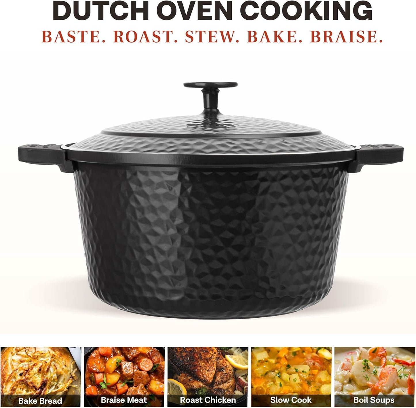 Gotham Steel Hammered 5 Qt Lightweight Dutch Oven Pot with Lid & Holders, Ceramic Non Toxic, Oven Safe & Even Heat Retaining Dutch Oven for Bread Baking Sourdough, Soup, 70% Lighter than Cast Iron