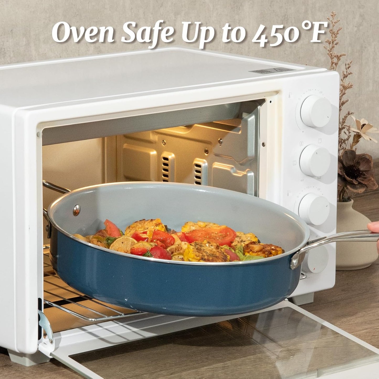 Nonstick Sauté Pan with Lid 5 QT Deep Frying Pan with Stainless Steel Helper Handle 12 inch Large Skillet Ceramic Jumbo Cooker for Healthy Cooking, Induction Compatible Cookware, PFOA Free