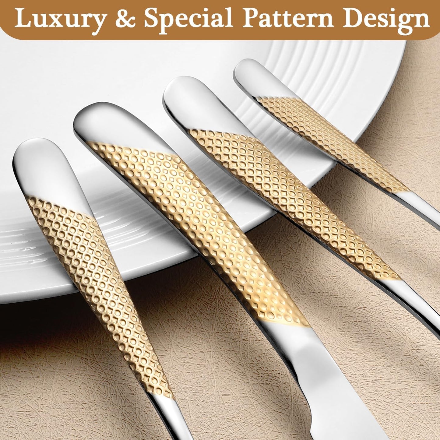 24 Piece Gold Hammered Silverware Set for 6, Premium Food-grade Stainless Steel Flatware Set, Luxury Design & Mirror Polished Cutlery Set, Eating Utensil Set with Fork Knife Spoon, Dishwasher Safe