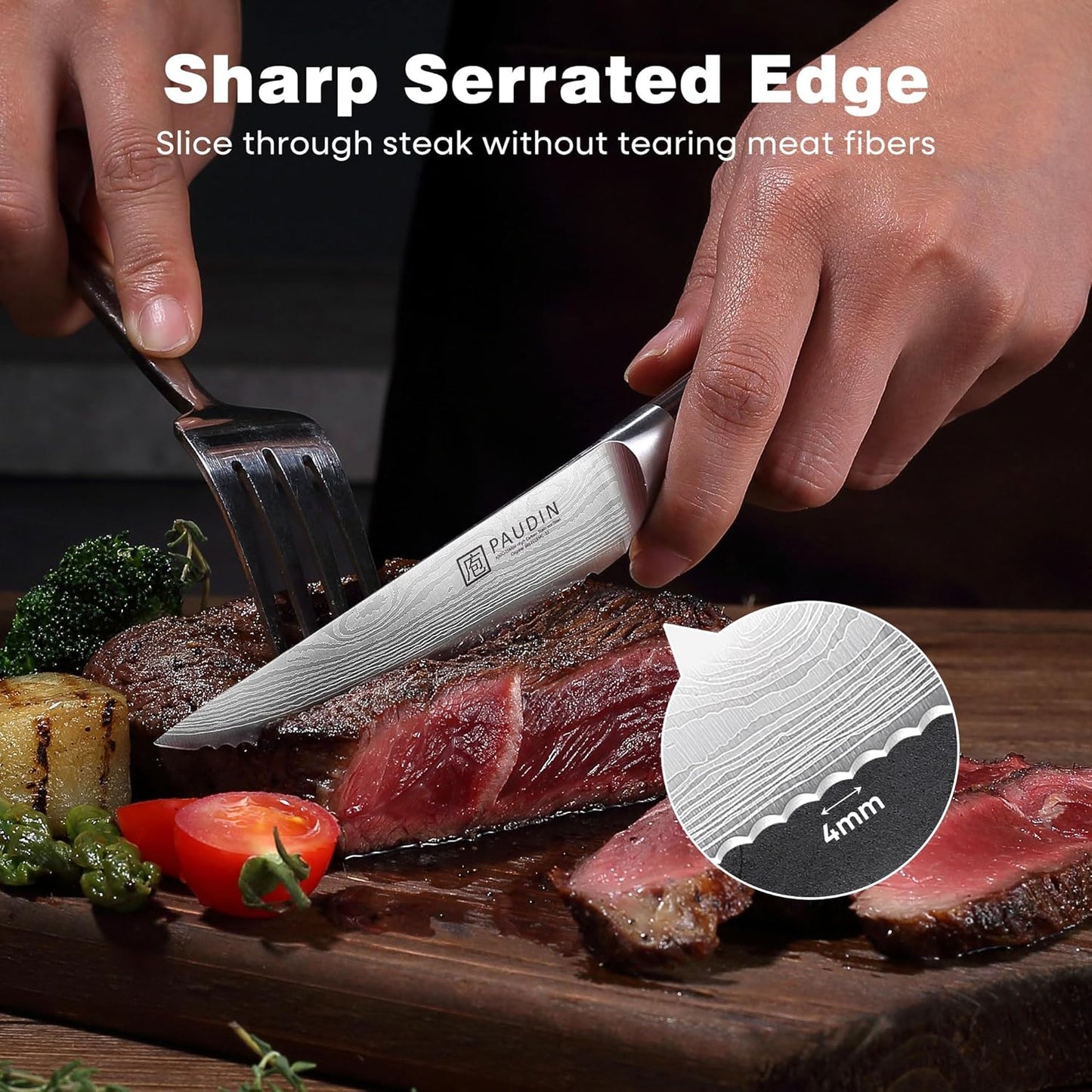 PAUDIN Steak Knives Set of 6, Kitchen Steak Knife 4.5 Inch, High Carbon Stainless Steel Steak Knives, Serrated Steak Knife with Pakkawood Handle, Dinner Knives with Gift Box