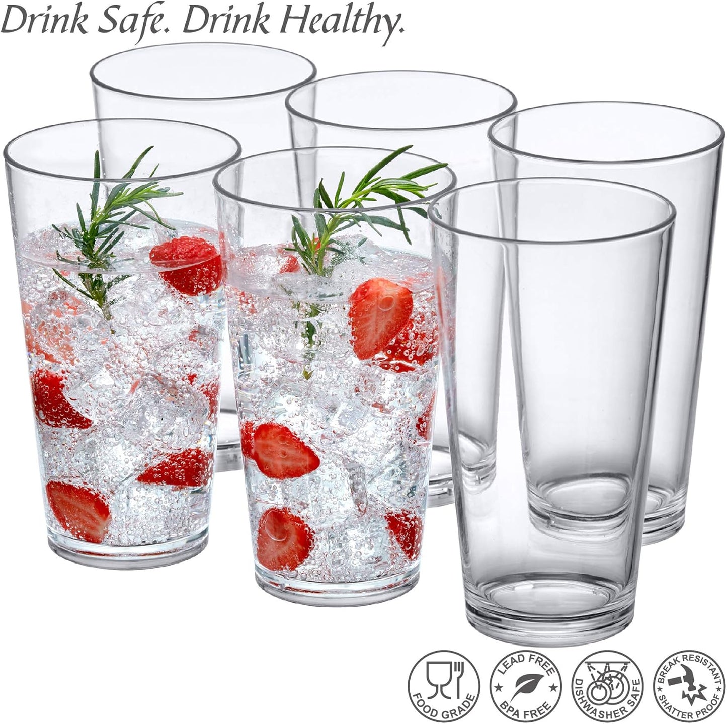 Amazing Abby Serenity - 30-Ounce Plastic Tumblers (Set of 6), All-Clear Reusable Plastic Cups, Stackable, BPA-Free, Shatter-Proof, Dishwasher-Safe
