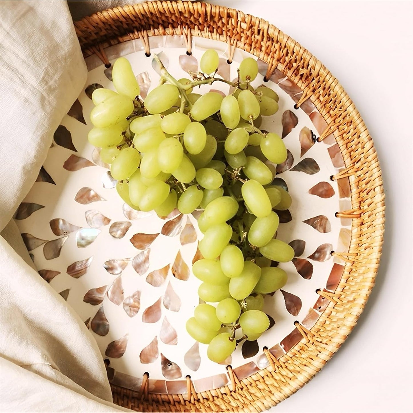 i-lan 3-Piece Round Rattan Serving Trays with Mother of Pearl Inlay – Handwoven Decorative Platters for Coffee Table, Vanity, Kitchen & Home Décor, Set