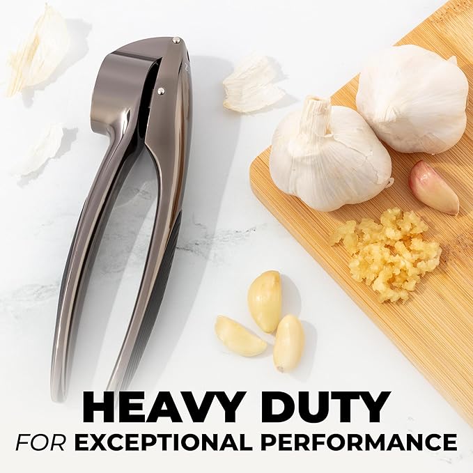 Zulay Kitchen Premium Garlic Press Set – Rust Proof & Dishwasher Safe Garlic Mincer Tool with Silicone Garlic Peeler & Brush, Easy Squeeze & Clean, Ergonomic Soft Grip Handle - Medium – Dark Gray