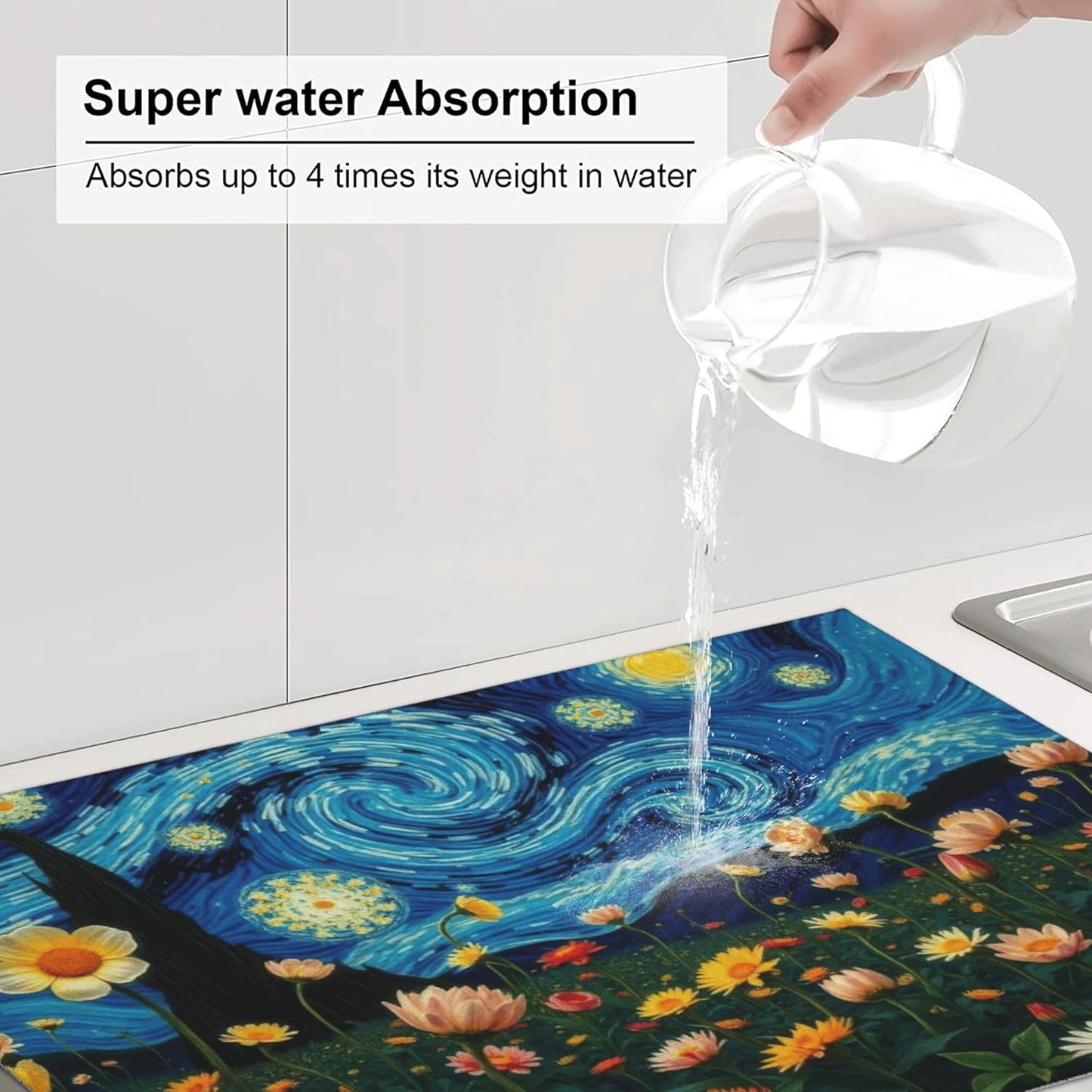 Starry Night Flowers Dish Drying Mat for Kitchen Counter, 18"x24" Microfiber Absorbent Fast Dry Mat, 2Pcs Dish Mat Faucet Mats Sets, Large Drying Kitchen Mat Kitchen Drying Pad