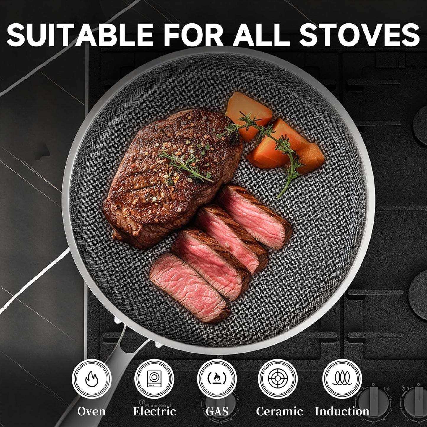 LOLYKITCH 12 In Nonstick Frying Pan Skillet with Lid, Ceramic Coating, Tri-ply Stainless Steel, Induction Compatible, PFOA-free, Oven Safe to 600°F, Dishwasher-safe, Detachable Handle