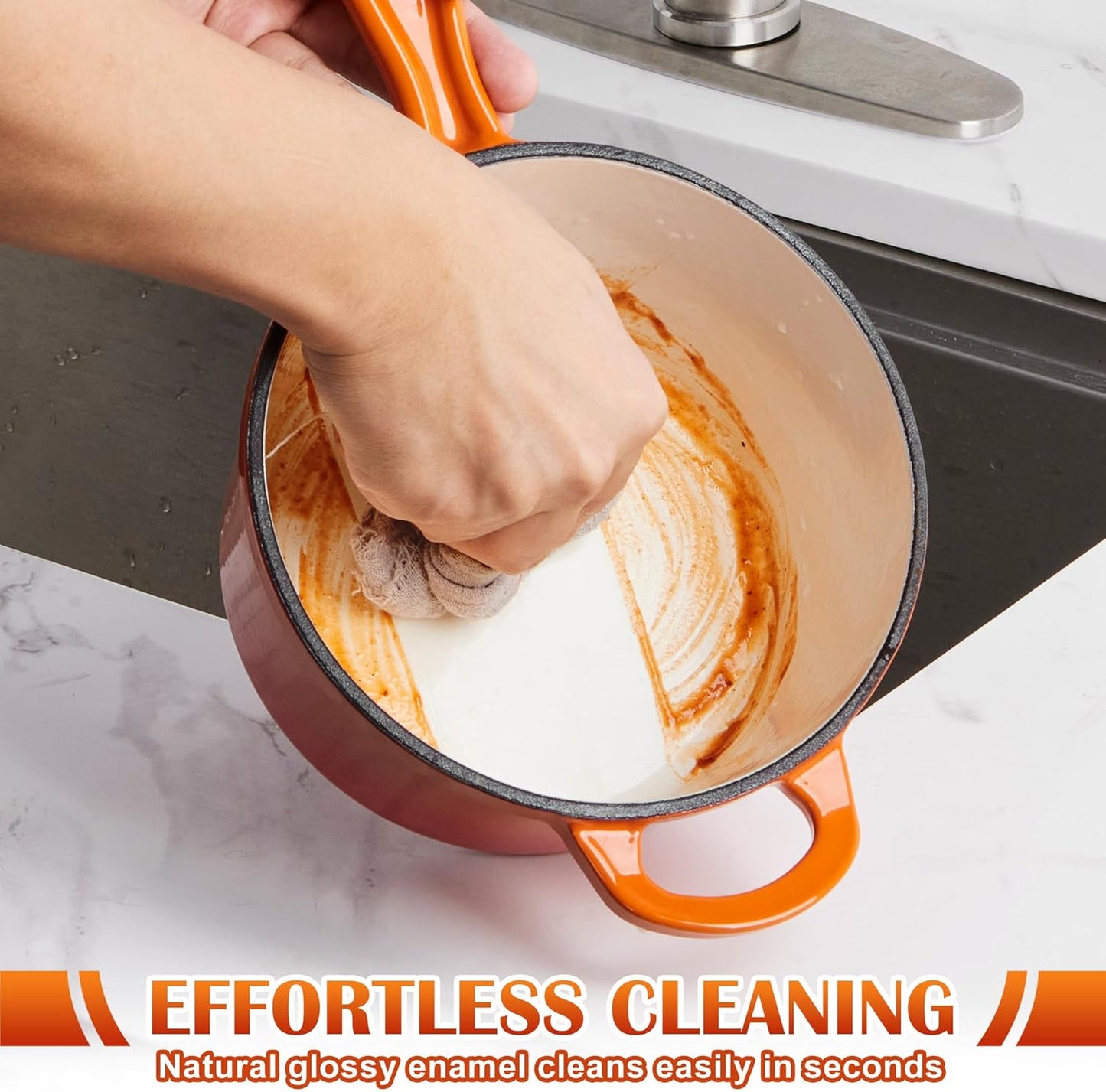 E-far Sauce Pan Set with Lid, 1Qt & 2Qt Enameled Cast Iron Pot Sets for Kitchen Cooking, Small Heavy Duty Dutch Oven Saucepans & Self-basting Lids, Induction-Ready & Easy Clean, Orange