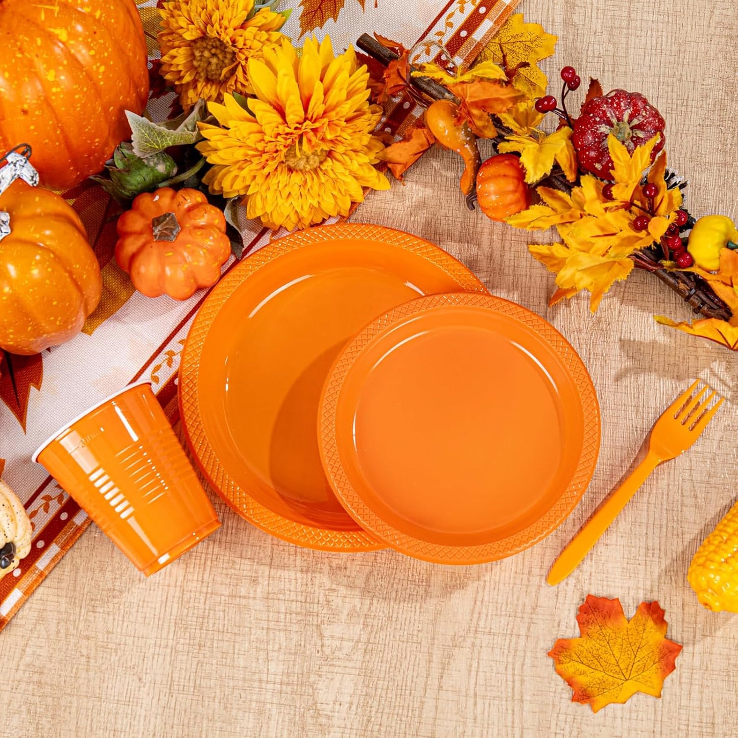 WELLIFE 210Pcs Orange Disposable Plates For Party,Plastic Dinnerware Set,Includes: Orange Plastic Plates and Napkins, Disposable Cutlery and 12OZ Cups, Serve 30 Guests for Party and Thanksgiving