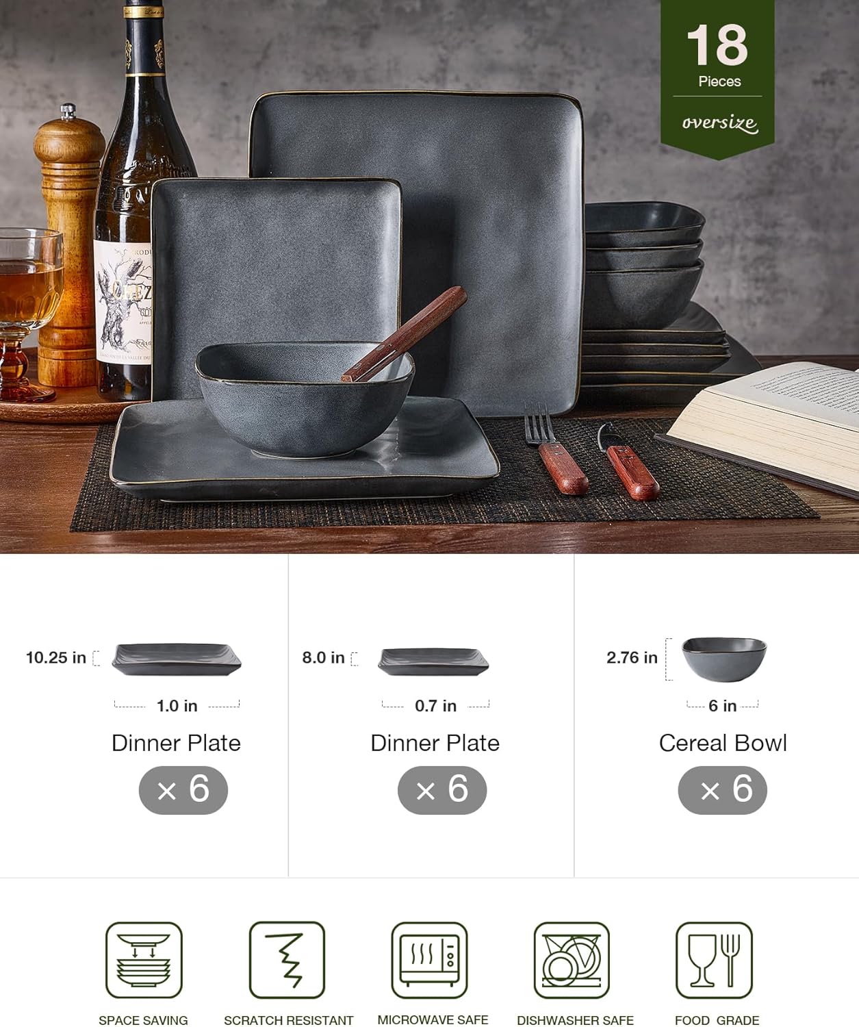 Famiware Dinnerware Sets for 6, Ocean Square 18-Piece Kitchen Plates and Bowls Sets, Microwave and Dishwasher Safe, Scratch Resistant, Matte Black