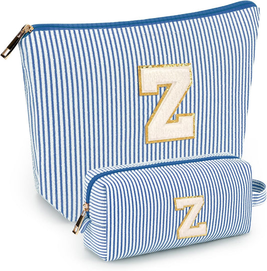 2 PCS Initial Makeup Bags for Women: Cosmetic Bag for Travel Toiletry - Birthday Gifts for 11 12 13 14 15 16 17 18 Years Old Girl Graduation Teacher Gift- Teen Girl Gifts Trendy Stuff - Blue Z