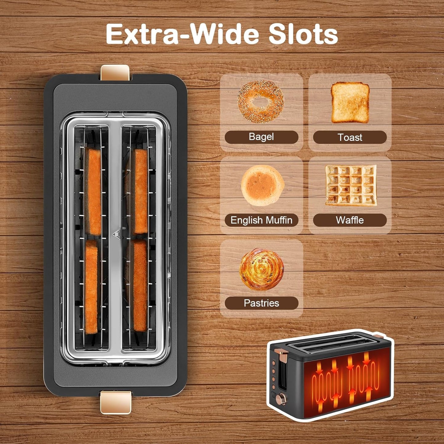 Mecity 4 Slice Toaster, Long Slot Toaster With Warming Rack, Timer, Bagel, Defrost, Reheat Functions, Crumb Tray, 6 Browning Settings, Extra Wide Long Slots, Stainless Steel, 1300W, Grey