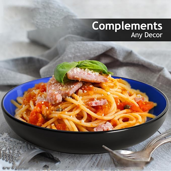 MIAMIO – 30 Oz / 8.6 Inch Set of 6 Pasta Bowls/Salad Bowls, Pasta Plates Wide and Shallow Bowl, Large Ceramic Stoneware Deep Plate Serving Soup - Le Papillon Collection (Blue)