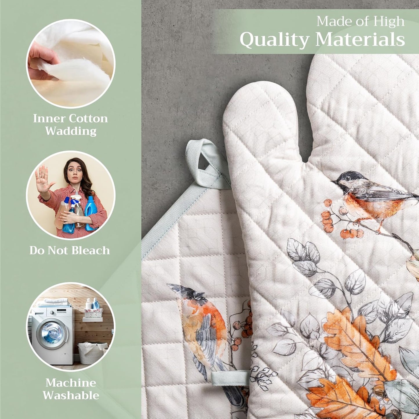 Maison d' Hermine 100% Cotton Oven Mitt & Pot Holder Set (7.5"x13" & 8"x8") Heat Resistant BBQ Cooking Gloves with Loop for Thanksgiving Christmas Decorations Handling Hot Pans (Whitish Shabby Chique)