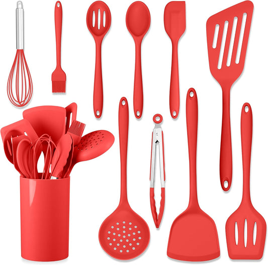 HaWare 11 PCS Silicone Cooking Utensils Set, Heat Resistant Kitchen Utensils with Holder, Food-grade Spatula Sets for Nonstick Cookware, Kitchen Tools Gadgets Include Fish Turner, Spoon (Red)