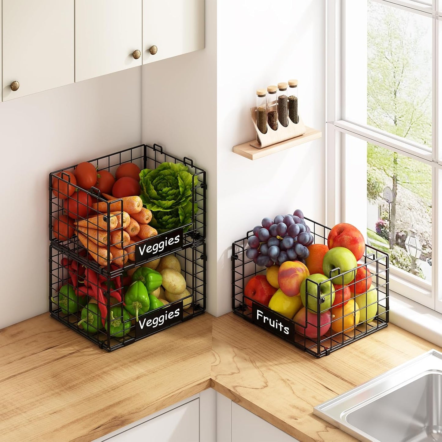 JKsmart 3 Pack Stackable Wire Baskets with NamePlates for Pantry Organizers and Storage, XL Fruit and Vegetable Basket, Metal Storage Bins for Snack Can Fruit Veggies, XL