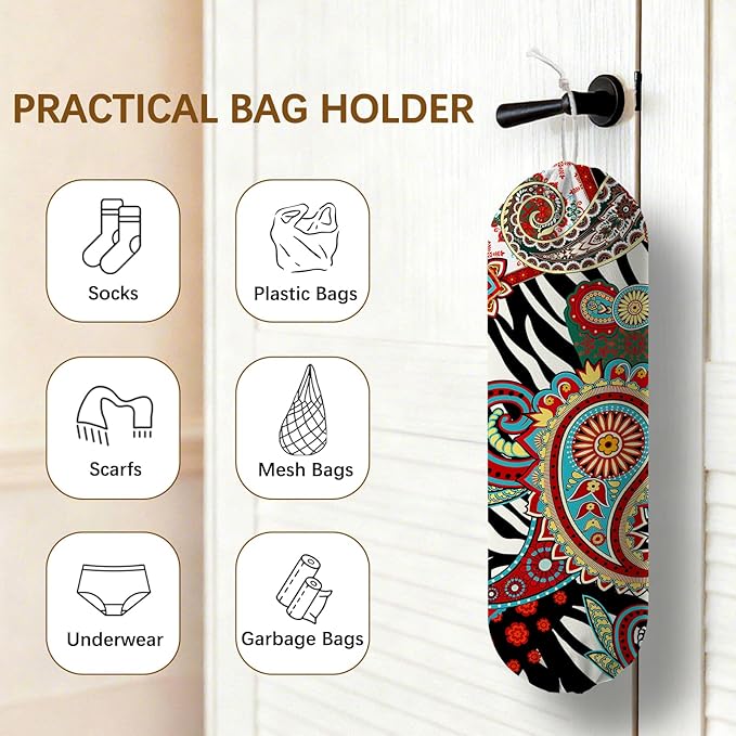 Plastic Bag Holder Bohemian Bag Holder Dispenser, Plastic Grocery Organizer & Wall Mount Paper Trash Bags Saver Storage for Kitchen Home Pantry Decor, Shopping Bags Storage Dispenser