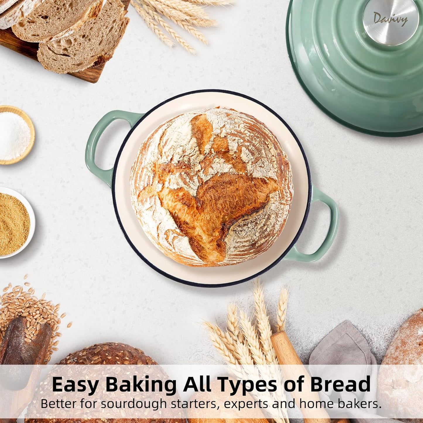 Davivy 5.5QT Sourdough Dutch Oven with Domed Lid, 10" Round Bread Dutch Oven, Enameled Cast Iron Bread Oven, Bread Oven for Sourdough Bread - Sea Salt Green