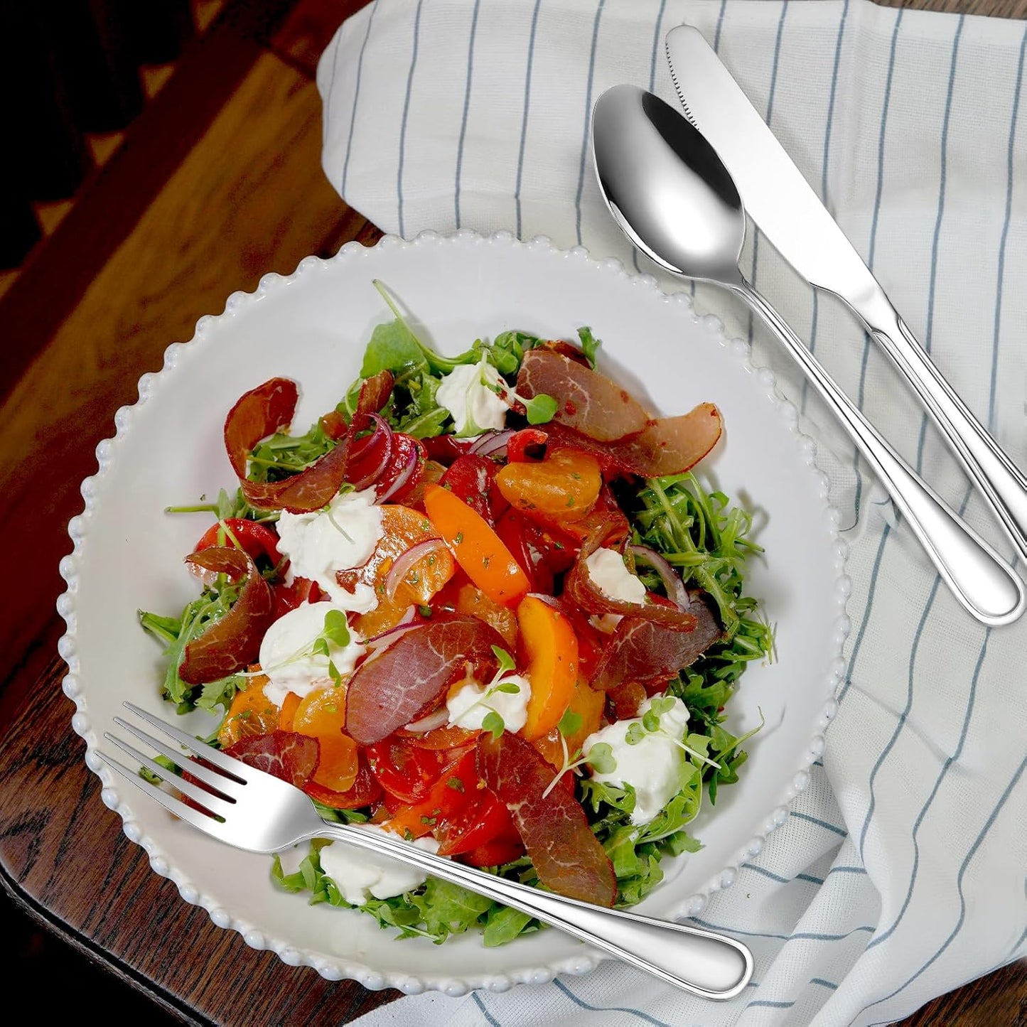 Modern Flatware Silverware Set for 4 People Kitchen Stainless Steel Cutlery 20 Pieces Forks Knives Spoons Luxury Eating Utensils Double Line Edges Handle