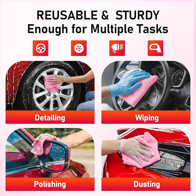 HOMERHYME Microfiber Cleaning Cloth Roll, 75 Pack Tear Away Microfiber Towel, Reusable Washable Shop Towels, Lint Free Cleaning Rags for Car Home Kitchen Garage & Automotive 11.5"x11.5" Pink