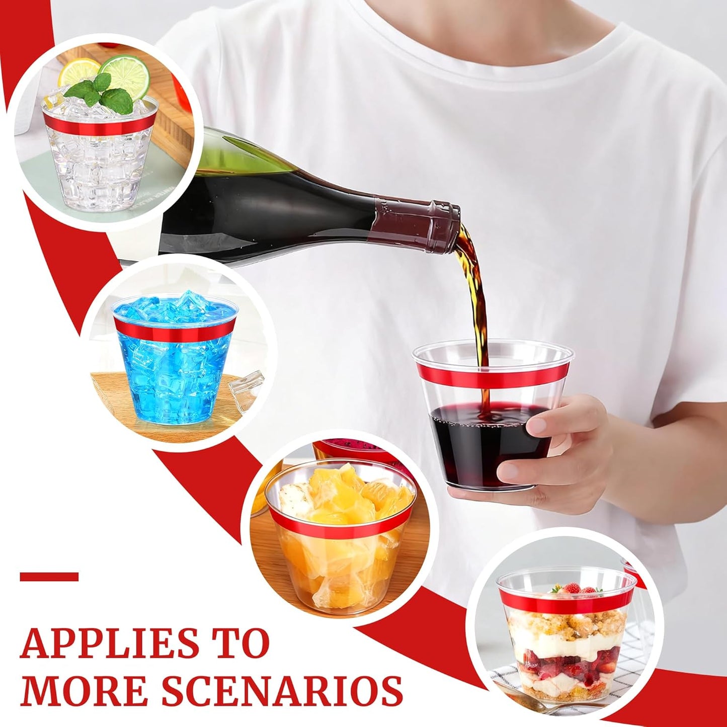 120 Pcs Red Plastic Cups,9Oz Red Rimmed Plastic Cups,Heavy Duty Clear Disposable Plasitc Cocktail Tumblers Wine Cup for Party,Wedding,Birthday,Christmas