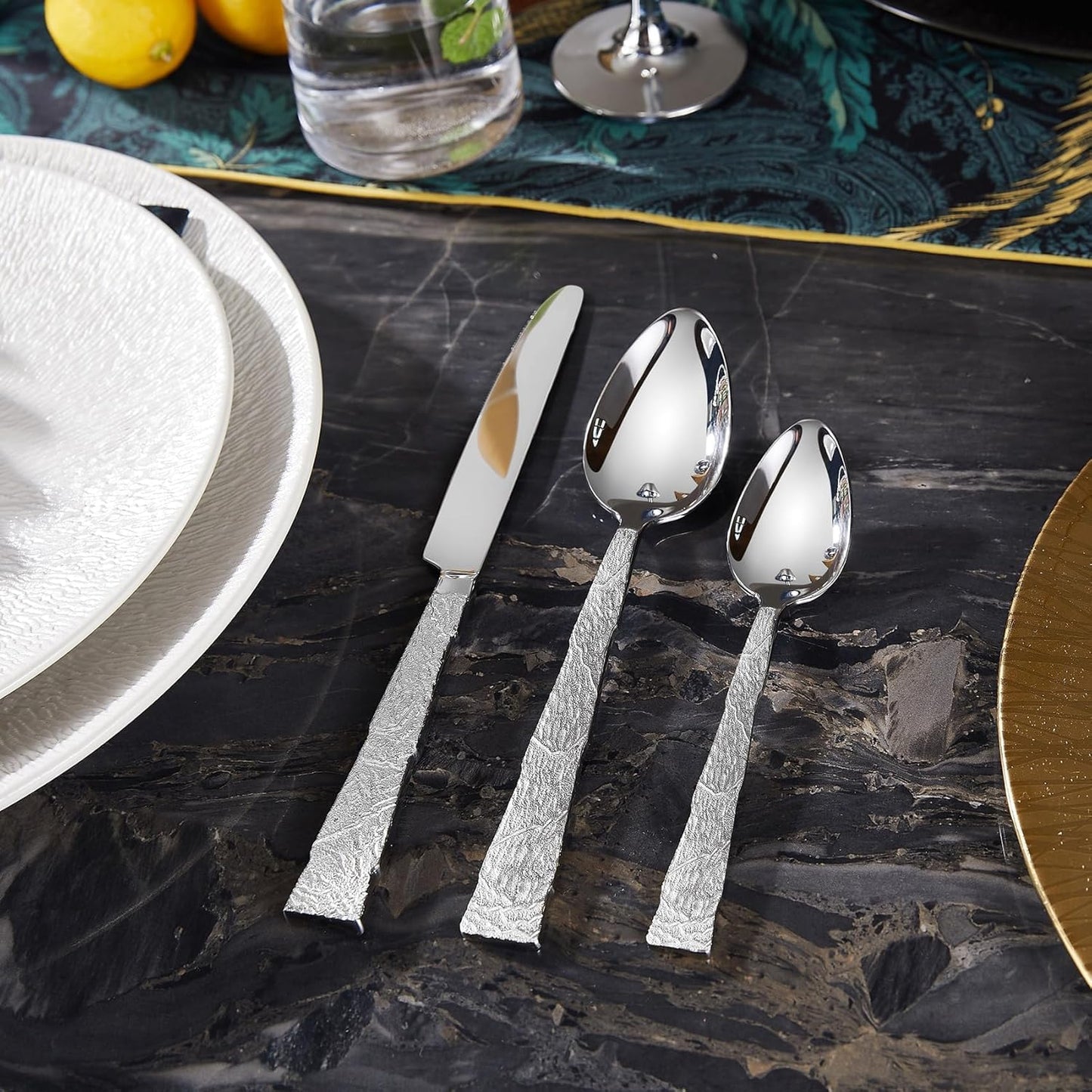 KEAWELL Premium Lava Silverware Set – 18/10 Stainless Steel Flatware, Dishwasher Safe, Textured Handle, Durable for Everyday Use, Elegant for Entertaining (20, Silver)