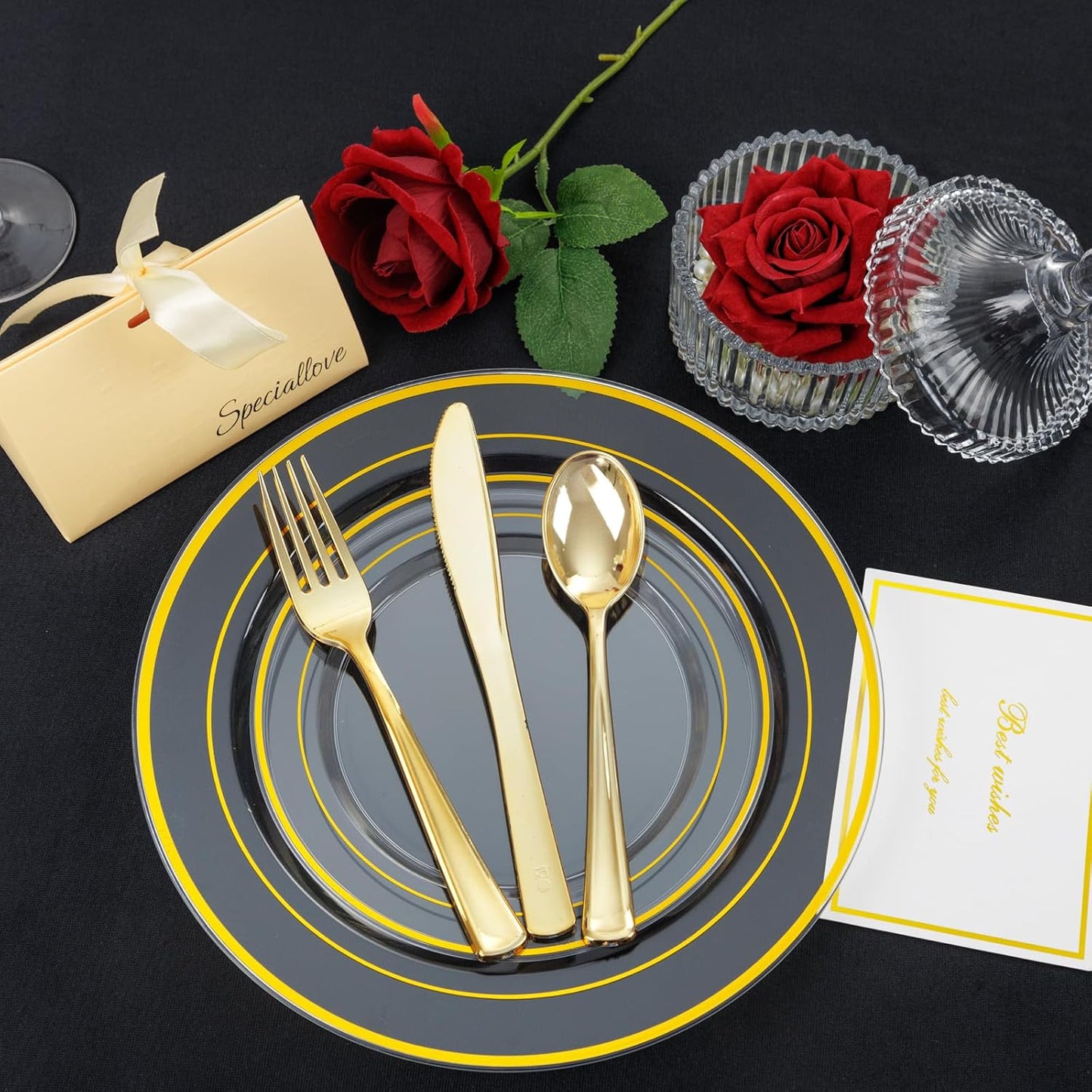 I00000 600Pcs Clear Gold Plastic Plates for 100 Guests, Plastic Dinnerware Set of 100 Gold Disposable Plates, 100 Dessert Plates, 200 Forks, 100 Knives and 100 Spoons Perfect for Party & Wedding
