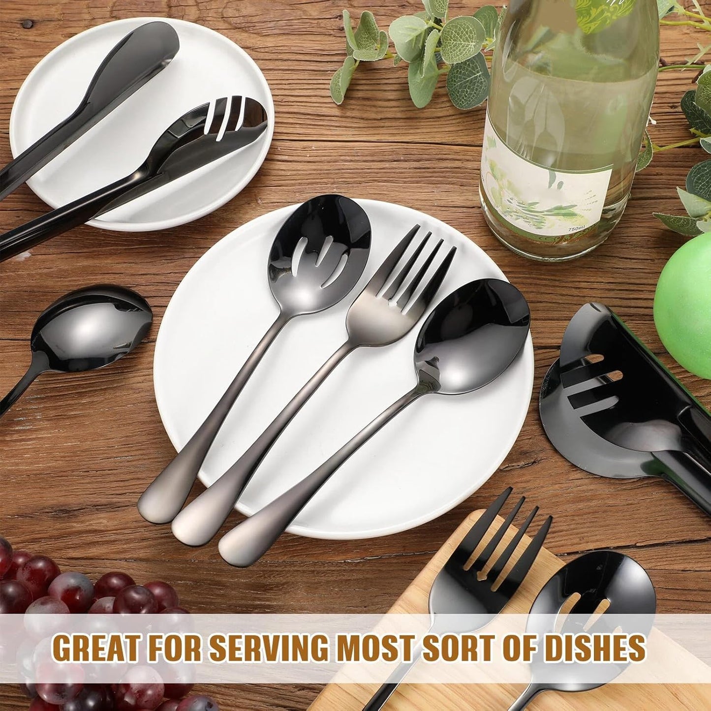 Patelai 15 Pieces Christmas Stainless Steel Black Serving Utensils Set 8.7" Large Spoons and Slotted Spoon 9.45" Tong 9" Forks Flatware Wedding Party Buffet Banquet Cooking Kitchen Catering