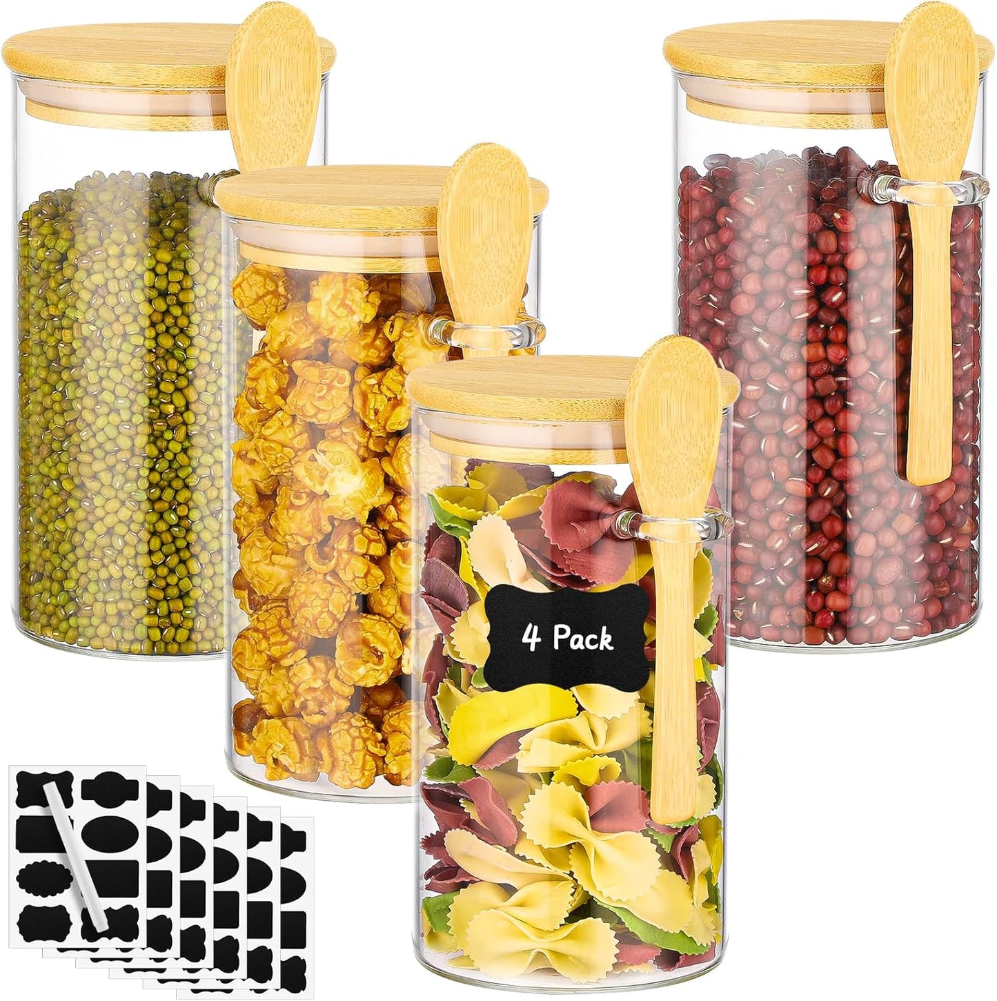 Glass Jars with Bamboo Lids and Spoon - 4 Pack 23 Fl.oz Glass Jars with Airtight Lids, Includes Labels and Marker, Pantry Canister for Cereal, Tea, Flour Sugar Coffee Containers