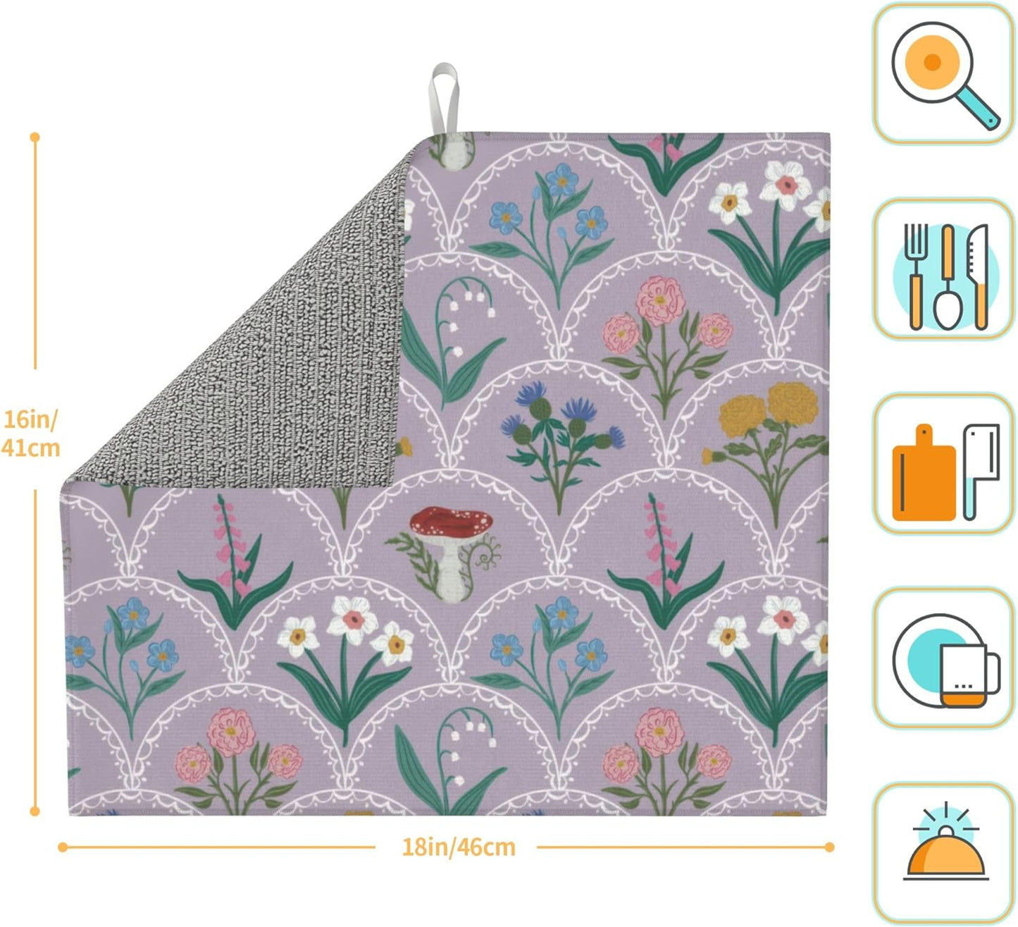 Vintage Flowers Dish Drying Mat 16x18 Inch, Microfiber Absorbent Fast Dry Mat Mushroom Floral Large Dish Mat Drying Kitchen Mat, Kitchen Drying Pad for Kitchen Counter Coffee Bar Decor Gifts