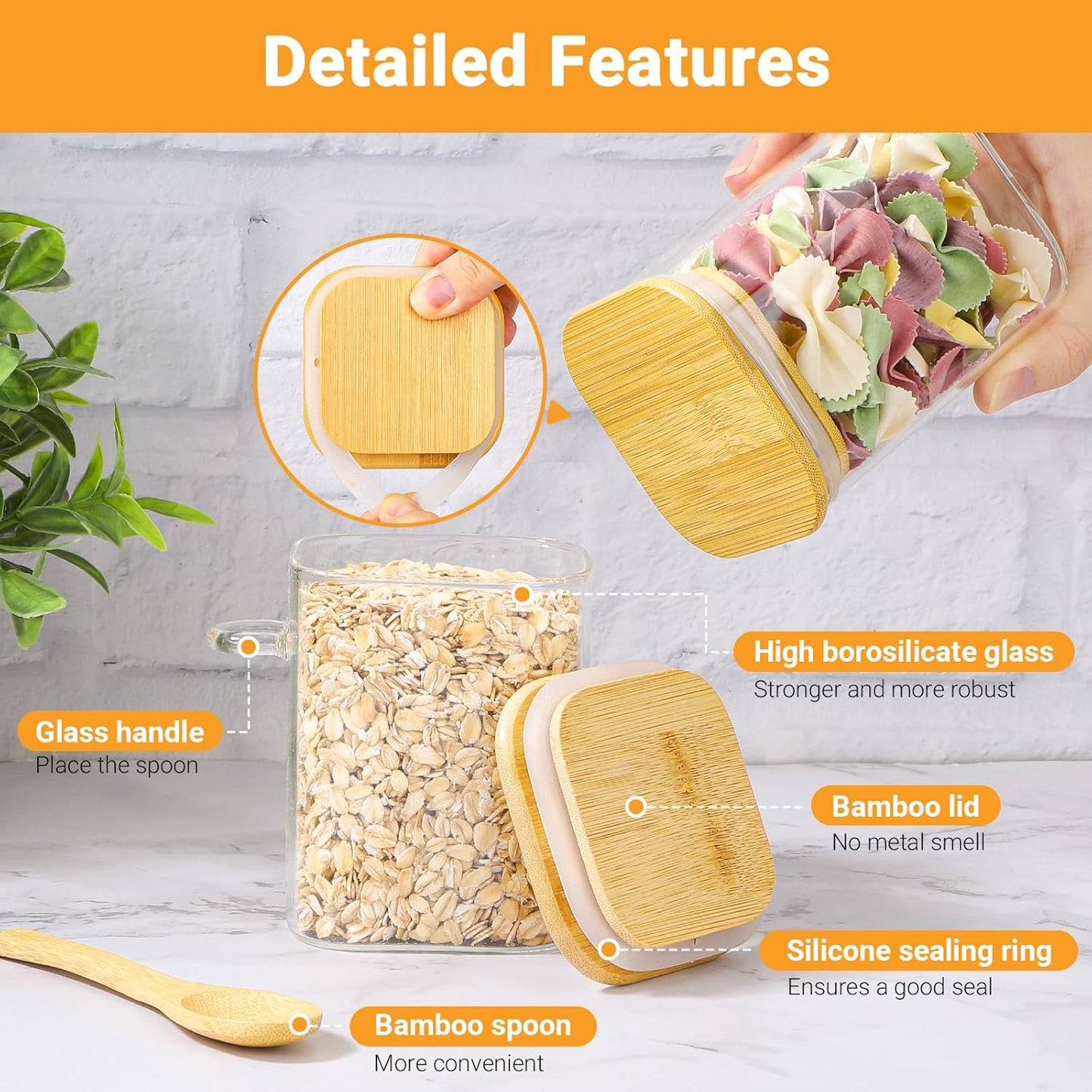 Glass Jars with Bamboo Lids and Spoons - 2 Pack 15 Fl.oz Square Glass Overnight Oat Jars with Airtight Lid, Clear Pantry Storage Container Food Canister for Spice, Loose Tea, Coffee, Sugar