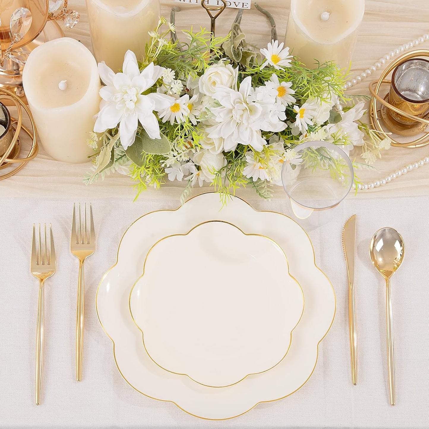 EI 180pcs Beige Plastic Plates with Gold Plastic Silverware,Heavy-Duty Disposable Plates for Party,Beige Dinnerware Set for 30 Guest Wedding,Birthday