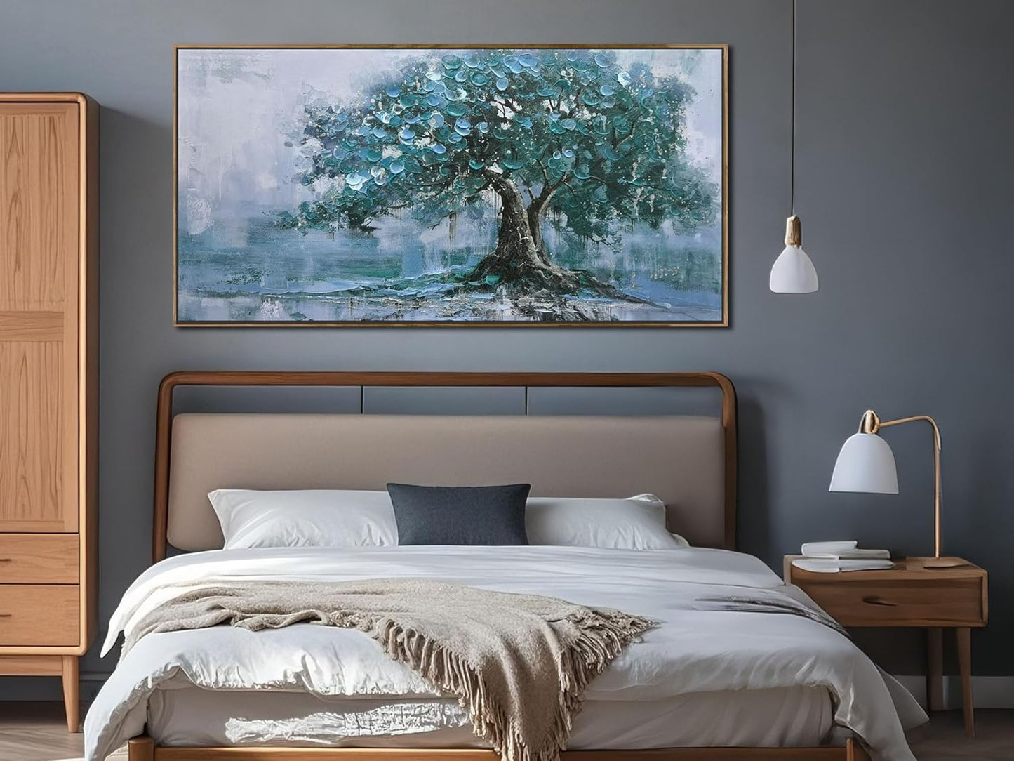 Ardemy Tree Framed Canvas Wall Art for Living Room Large Teal Tree of Life Pictures Wall Decor Landscape Bedroom Nature Paintings Artwork Home Office Dining Room Kitchen, 48"x28"